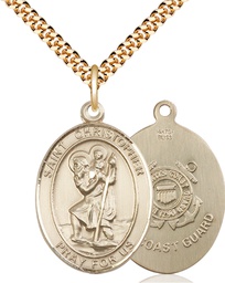 [7022GF3/24G] 14kt Gold Filled Saint Christopher Coast Guard Pendant on a 24 inch Gold Plate Heavy Curb chain