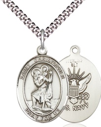 [7022SS6/24S] Sterling Silver Saint Christopher Navy Pendant on a 24 inch Light Rhodium Heavy Curb chain