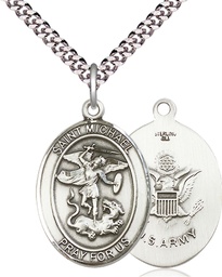 [7076SS2/24S] Sterling Silver Saint Michael Army Pendant on a 24 inch Light Rhodium Heavy Curb chain