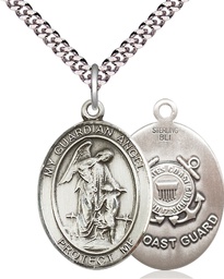 [7118SS3/24S] Sterling Silver Guardian Angel Coast Guard Pendant on a 24 inch Light Rhodium Heavy Curb chain