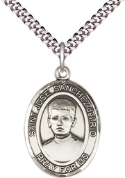 [7446SS/24S] Sterling Silver Saint Jose Canchez del Rio Pendant on a 24 inch Light Rhodium Heavy Curb chain