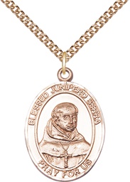 [7454GF/24GF] 14kt Gold Filled Saint Junipero Serra Pendant on a 24 inch Gold Filled Heavy Curb chain