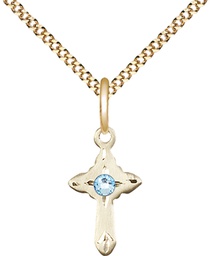 [2525GF-STN3/18G] 14kt Gold Filled Cross Pendant with a 3mm Aqua Swarovski stone on a 18 inch Gold Plate Light Curb chain