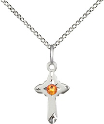 [2525SS-STN11/18SS] Sterling Silver Cross Pendant with a 3mm Topaz Swarovski stone on a 18 inch Sterling Silver Light Curb chain