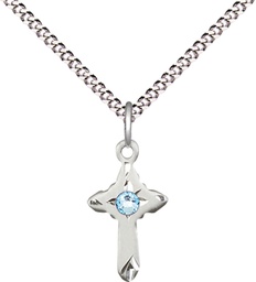 [2525SS-STN3/18S] Sterling Silver Cross Pendant with a 3mm Aqua Swarovski stone on a 18 inch Light Rhodium Light Curb chain