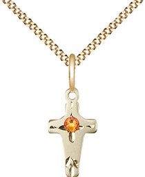 [2527GF-STN11/18G] 14kt Gold Filled Cross Pendant with a 3mm Topaz Swarovski stone on a 18 inch Gold Plate Light Curb chain