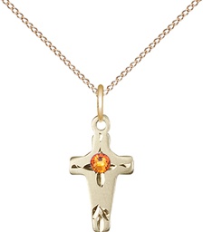 [2527GF-STN11/18GF] 14kt Gold Filled Cross Pendant with a 3mm Topaz Swarovski stone on a 18 inch Gold Filled Light Curb chain