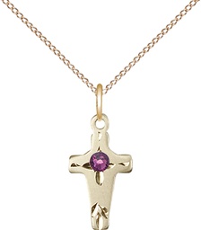 [2527GF-STN2/18GF] 14kt Gold Filled Cross Pendant with a 3mm Amethyst Swarovski stone on a 18 inch Gold Filled Light Curb chain
