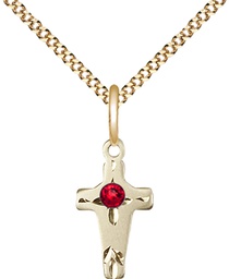 [2527GF-STN7/18G] 14kt Gold Filled Cross Pendant with a 3mm Ruby Swarovski stone on a 18 inch Gold Plate Light Curb chain