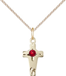 [2527GF-STN7/18GF] 14kt Gold Filled Cross Pendant with a 3mm Ruby Swarovski stone on a 18 inch Gold Filled Light Curb chain