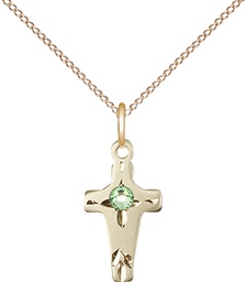 [2527GF-STN8/18GF] 14kt Gold Filled Cross Pendant with a 3mm Peridot Swarovski stone on a 18 inch Gold Filled Light Curb chain