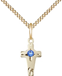 [2527GF-STN9/18G] 14kt Gold Filled Cross Pendant with a 3mm Sapphire Swarovski stone on a 18 inch Gold Plate Light Curb chain