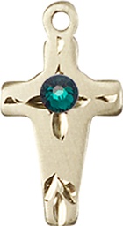 [2527KT-STN5] 14kt Gold Cross Medal with a 3mm Emerald Swarovski stone