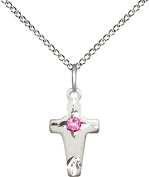 [2527SS-STN10/18SS] Sterling Silver Cross Pendant with a 3mm Rose Swarovski stone on a 18 inch Sterling Silver Light Curb chain