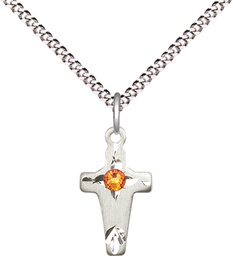 [2527SS-STN11/18S] Sterling Silver Cross Pendant with a 3mm Topaz Swarovski stone on a 18 inch Light Rhodium Light Curb chain