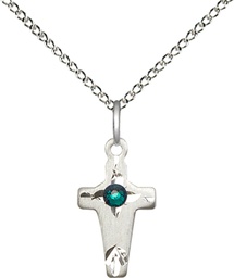 [2527SS-STN5/18SS] Sterling Silver Cross Pendant with a 3mm Emerald Swarovski stone on a 18 inch Sterling Silver Light Curb chain