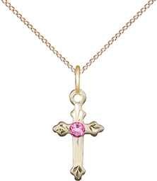 [2531GF-STN10/18GF] 14kt Gold Filled Cross Pendant with a 3mm Rose Swarovski stone on a 18 inch Gold Filled Light Curb chain