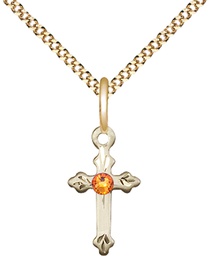 [2531GF-STN11/18G] 14kt Gold Filled Cross Pendant with a 3mm Topaz Swarovski stone on a 18 inch Gold Plate Light Curb chain