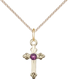 [2531GF-STN2/18GF] 14kt Gold Filled Cross Pendant with a 3mm Amethyst Swarovski stone on a 18 inch Gold Filled Light Curb chain