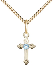 [2531GF-STN3/18G] 14kt Gold Filled Cross Pendant with a 3mm Aqua Swarovski stone on a 18 inch Gold Plate Light Curb chain