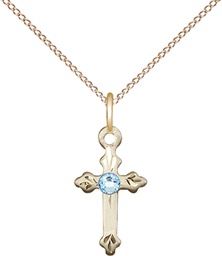 [2531GF-STN3/18GF] 14kt Gold Filled Cross Pendant with a 3mm Aqua Swarovski stone on a 18 inch Gold Filled Light Curb chain