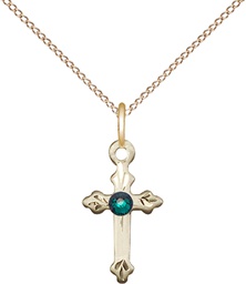 [2531GF-STN5/18GF] 14kt Gold Filled Cross Pendant with a 3mm Emerald Swarovski stone on a 18 inch Gold Filled Light Curb chain