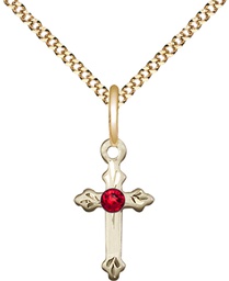 [2531GF-STN7/18G] 14kt Gold Filled Cross Pendant with a 3mm Ruby Swarovski stone on a 18 inch Gold Plate Light Curb chain