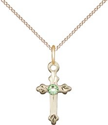 [2531GF-STN8/18GF] 14kt Gold Filled Cross Pendant with a 3mm Peridot Swarovski stone on a 18 inch Gold Filled Light Curb chain