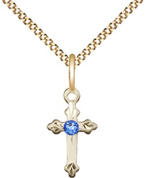 [2531GF-STN9/18G] 14kt Gold Filled Cross Pendant with a 3mm Sapphire Swarovski stone on a 18 inch Gold Plate Light Curb chain