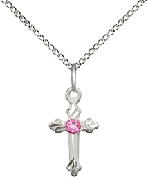 [2531SS-STN10/18SS] Sterling Silver Cross Pendant with a 3mm Rose Swarovski stone on a 18 inch Sterling Silver Light Curb chain