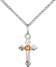 [2531SS-STN11/18SS] Sterling Silver Cross Pendant with a 3mm Topaz Swarovski stone on a 18 inch Sterling Silver Light Curb chain