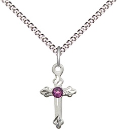 [2531SS-STN2/18S] Sterling Silver Cross Pendant with a 3mm Amethyst Swarovski stone on a 18 inch Light Rhodium Light Curb chain