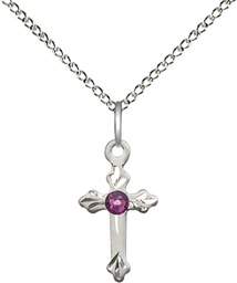 [2531SS-STN2/18SS] Sterling Silver Cross Pendant with a 3mm Amethyst Swarovski stone on a 18 inch Sterling Silver Light Curb chain