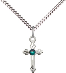 [2531SS-STN5/18S] Sterling Silver Cross Pendant with a 3mm Emerald Swarovski stone on a 18 inch Light Rhodium Light Curb chain