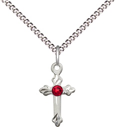 [2531SS-STN7/18S] Sterling Silver Cross Pendant with a 3mm Ruby Swarovski stone on a 18 inch Light Rhodium Light Curb chain