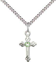 [2531SS-STN8/18S] Sterling Silver Cross Pendant with a 3mm Peridot Swarovski stone on a 18 inch Light Rhodium Light Curb chain
