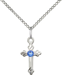 [2531SS-STN9/18SS] Sterling Silver Cross Pendant with a 3mm Sapphire Swarovski stone on a 18 inch Sterling Silver Light Curb chain