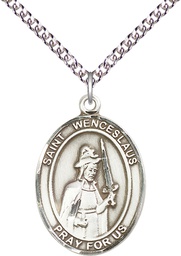 [7273SS/24SS] Sterling Silver Saint Wenceslaus Pendant on a 24 inch Sterling Silver Heavy Curb chain