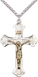 [2642GF/SS/24SS] Two-Tone GF/SS Crucifix Pendant on a 24 inch Sterling Silver Heavy Curb chain