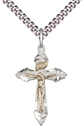 [2665GF/SS/24S] Two-Tone GF/SS Crucifix Pendant on a 24 inch Light Rhodium Heavy Curb chain