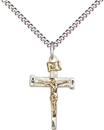 [2672GF/SS/18S] Two-Tone GF/SS Nail Crucifix Pendant on a 18 inch Light Rhodium Light Curb chain