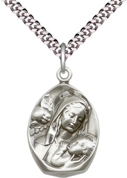 [3001SS/24S] Sterling Silver Madonna &amp; Child Pendant on a 24 inch Light Rhodium Heavy Curb chain