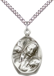 [3001SS/24SS] Sterling Silver Madonna &amp; Child Pendant on a 24 inch Sterling Silver Heavy Curb chain
