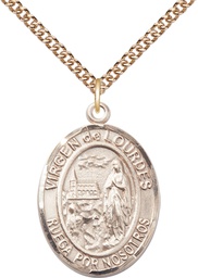 [7288SPGF/24GF] 14kt Gold Filled Virgen de Lourdes Pendant on a 24 inch Gold Filled Heavy Curb chain