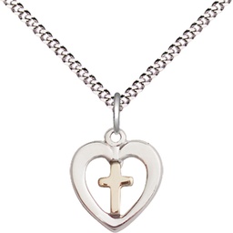 [3147GF/SS/18S] Two-Tone GF/SS Heart Cross Pendant on a 18 inch Light Rhodium Light Curb chain