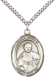 [7305SS/24SS] Sterling Silver Saint Pius X Pendant on a 24 inch Sterling Silver Heavy Curb chain