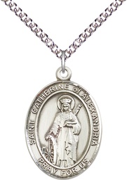 [7343SS/24SS] Sterling Silver Saint Catherine of Alexandria Pendant on a 24 inch Sterling Silver Heavy Curb chain