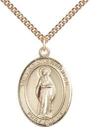[7345GF/24GF] 14kt Gold Filled Virgin of the Globe Pendant on a 24 inch Gold Filled Heavy Curb chain