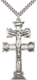 [6085SS/24S] Sterling Silver Caravaca Crucifix Pendant on a 24 inch Light Rhodium Heavy Curb chain