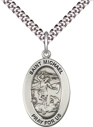 [11076SS/24S] Sterling Silver Saint Michael the Archangel Pendant on a 24 inch Light Rhodium Heavy Curb chain
